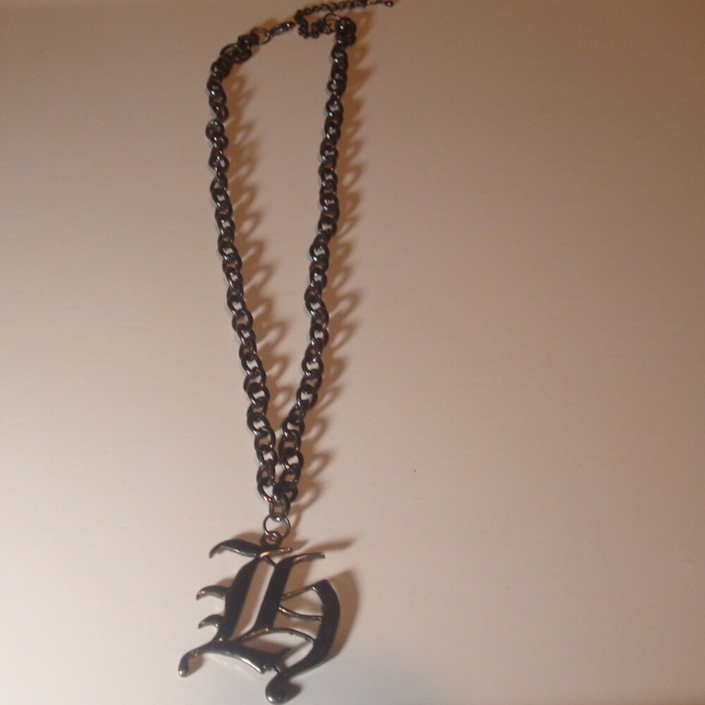 'L" INITIAL GUNMETAL VICTORIAN GOTH CHAIN LINK NECKLACE 10.5 " LENGTH VINTAGE